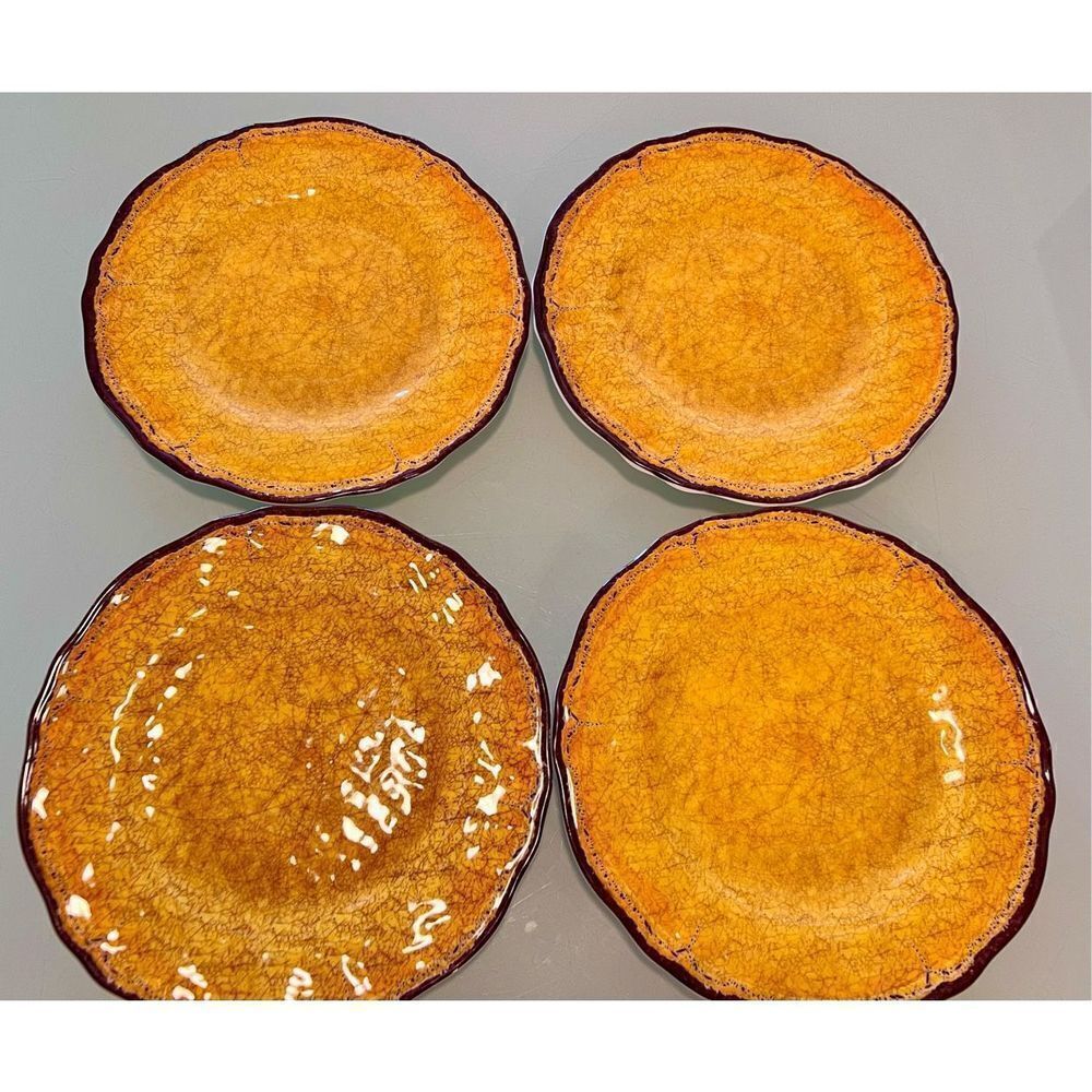 Lot of 4 Citrus Grove Melamine Dinner Plates Yellow Brown Crackle Look BPA FREE